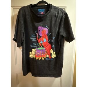 Praying Rabbit Mens Graphic Tee Mineral Wash Black Devil Cauldron Skulls Size M